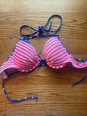 Victoria's Secret Pink and White Striped Halter Bikini Top with Navy Trim